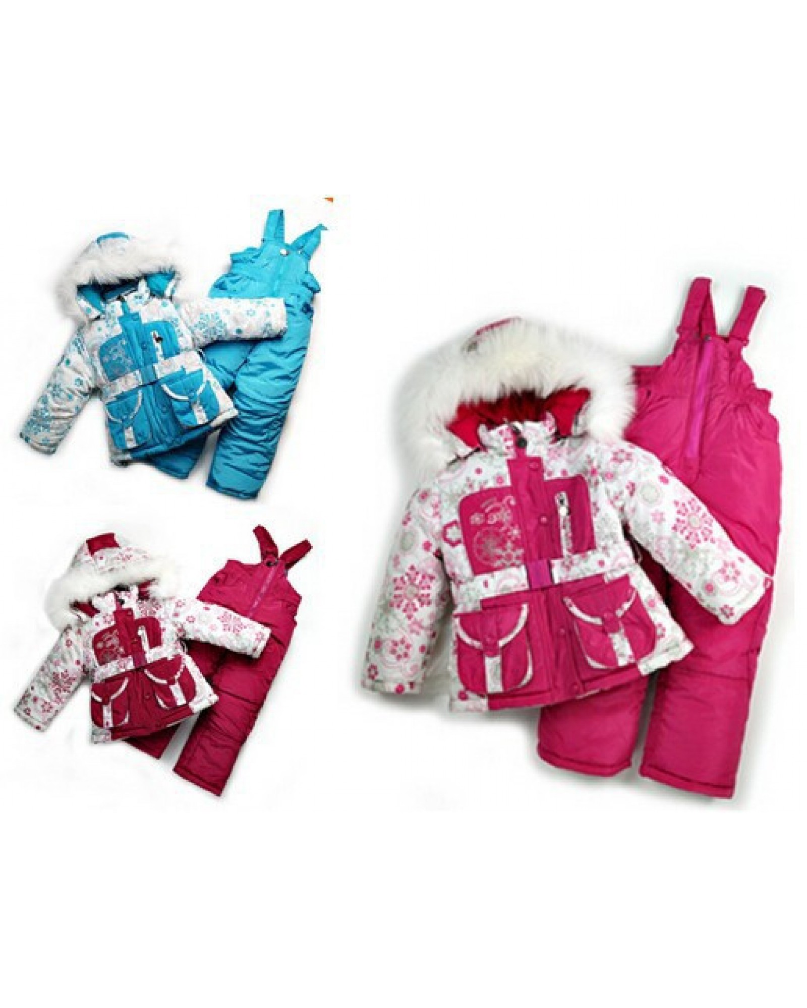 2014 New Children's Winter Clothing   baby girl Ski Suit Windproof Down Coat Flower Warm Coats Fur Jackets+Bib Pants 3 Colors