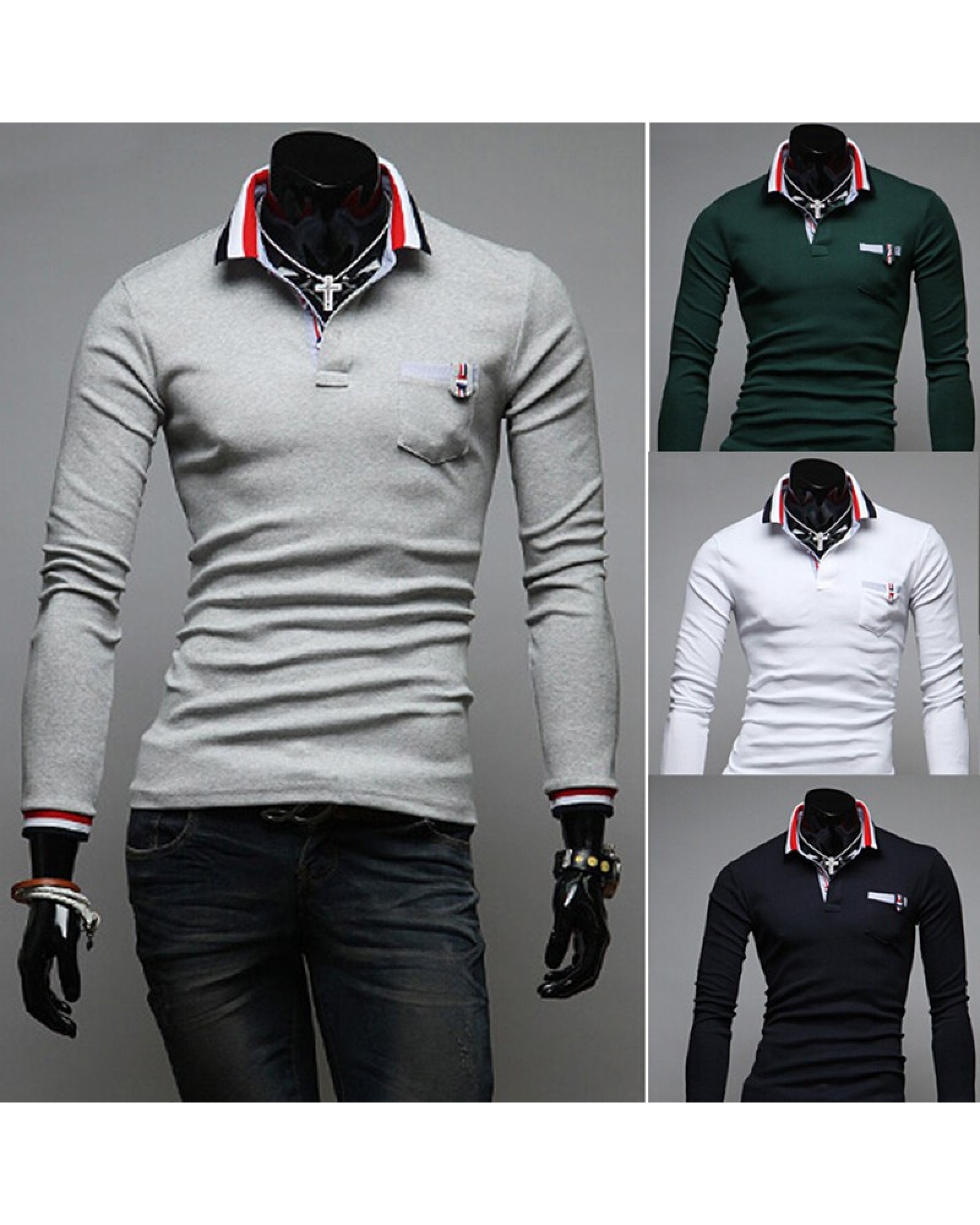 2015 new hit color stitching cuffs Korean men cultivating long-sleeved T-shirt Slim