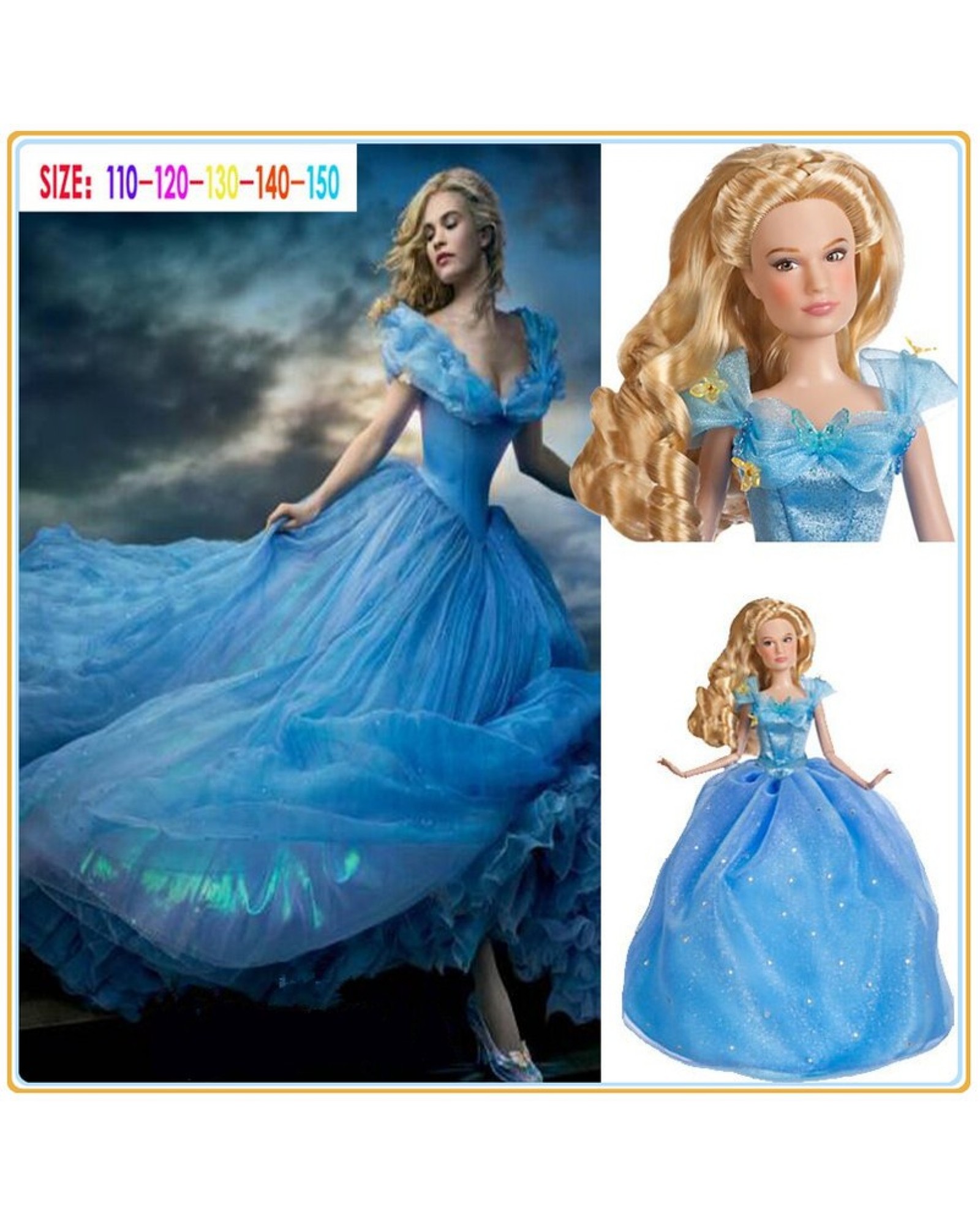 Free UPS Shipping 2015 New Movie Deluxe Cinderella Dress Cosplay Costume Party Dress Princess Dress Cinderella Costume