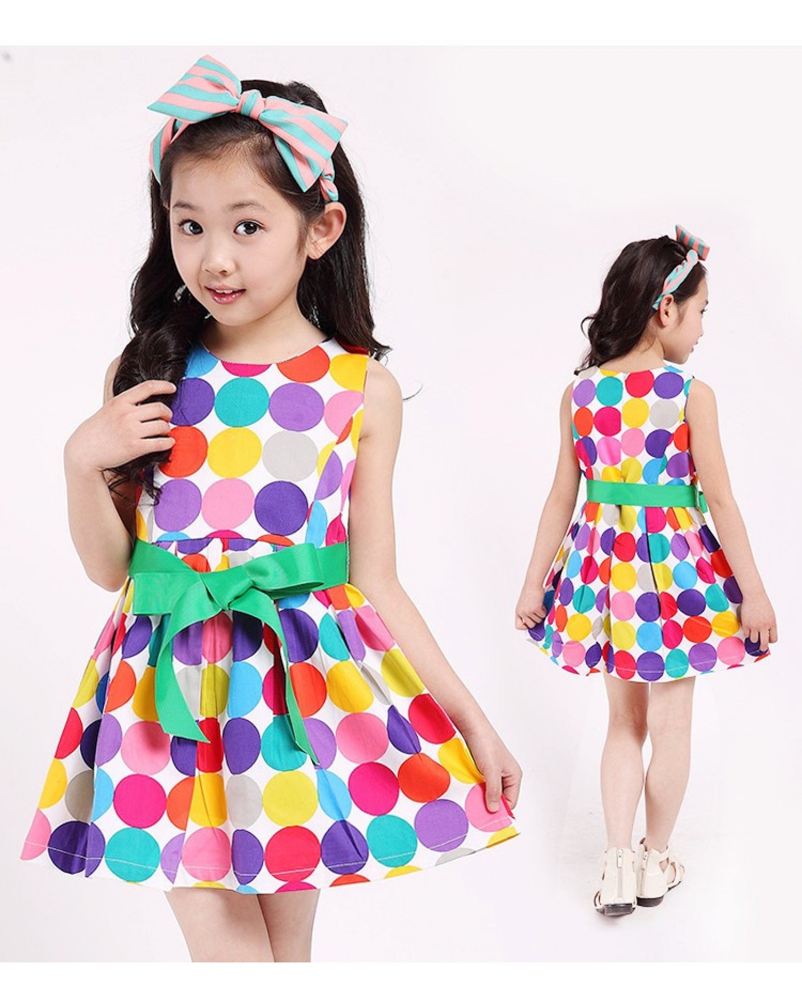 Summer Girls Fashion Rainbow Color Polka Dot Sleeveless Round Neck Big Green Ribbon Bow Belt Cotton Princess Party Show Skater Dress Free Shipping