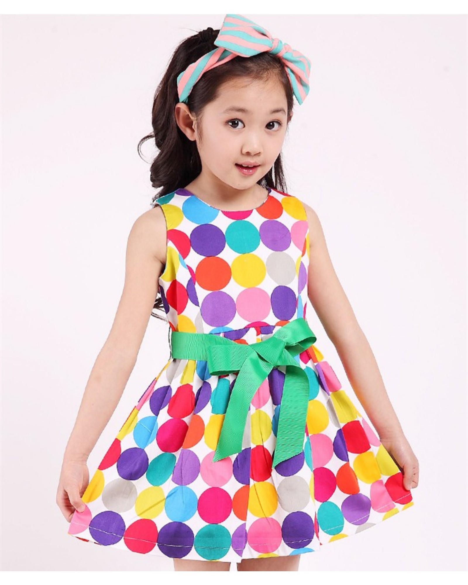 Summer Girls Fashion Rainbow Color Polka Dot Sleeveless Round Neck Big Green Ribbon Bow Belt Cotton Princess Party Show Skater Dress Free Shipping