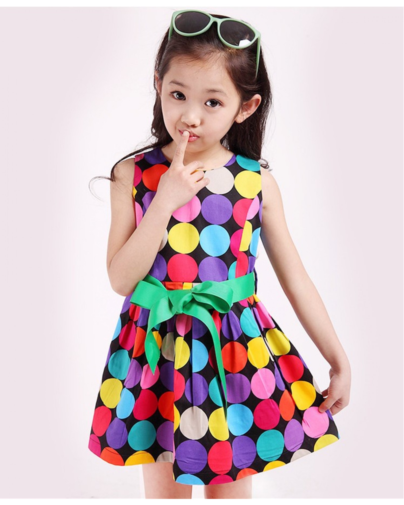 Summer Girls Fashion Rainbow Color Polka Dot Sleeveless Round Neck Big Green Ribbon Bow Belt Cotton Princess Party Show Skater Dress Free Shipping