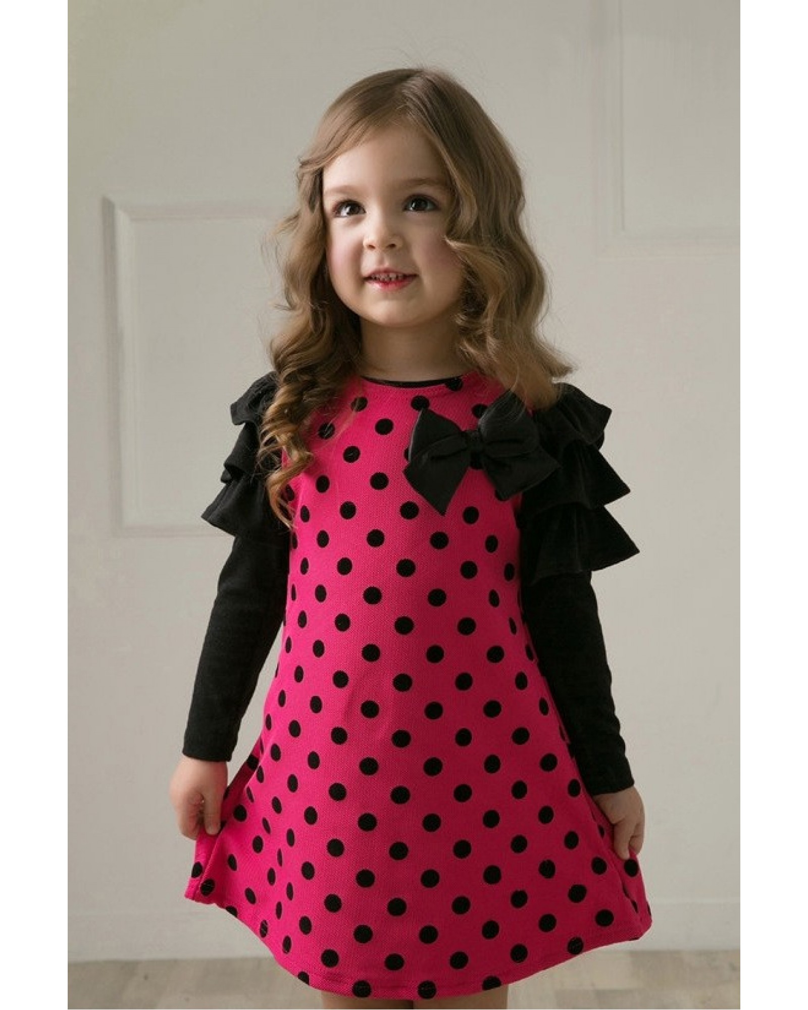 Sweetheart Baby Girls Toddler Kids Cute Polka Dot Long Flounced Sleeve Ribbon Bow Front Cotton Princess Party Dress Free Shipping