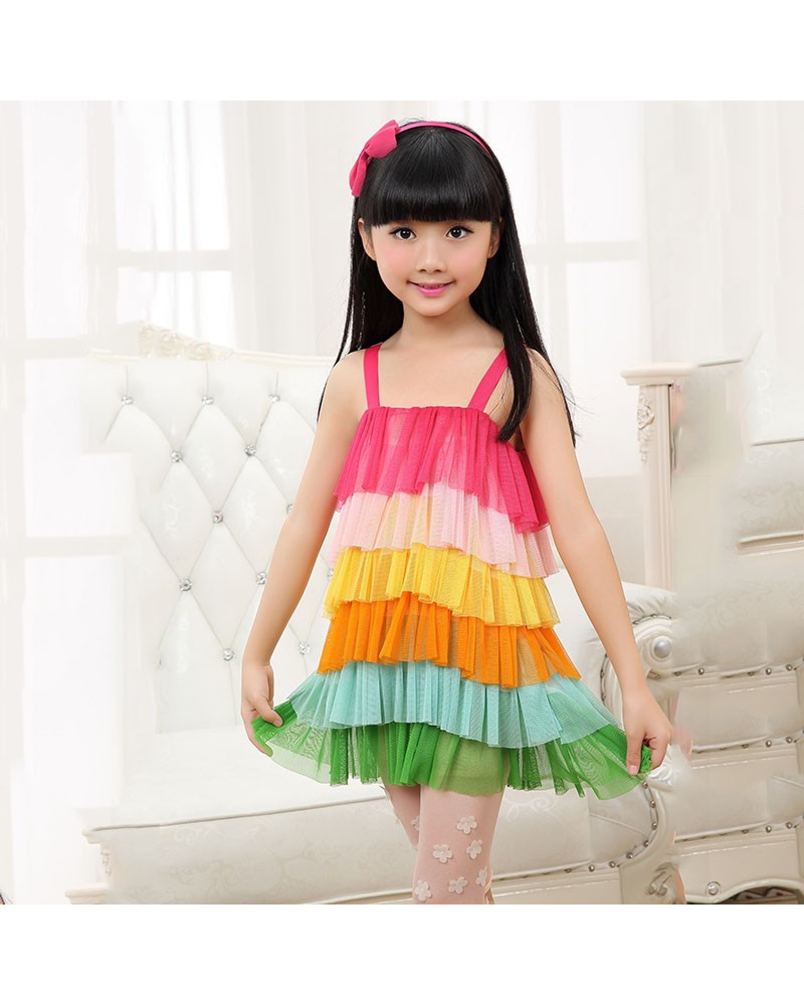 2015 Rainbow splicing dress with shoulder-straps rainbow children summer style beach bohemian toddler girl dresses