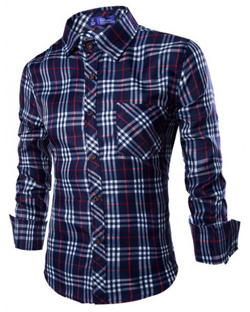 2015 New Blouse  Men's Shirts Plaid Shirts Casual  Stylish Fashion  Korean Style Long Sleeve Shirt Turn-down Collar  12064