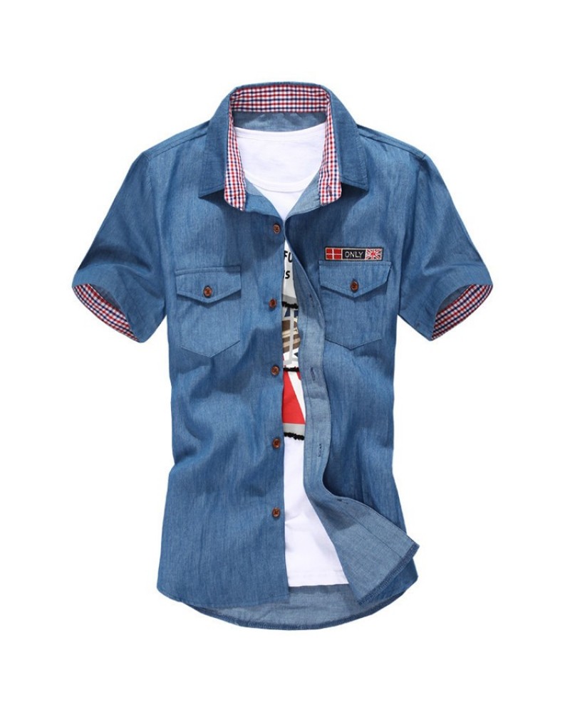 2015 New Mens Shirts Lattice neckline And Cuffs Short Sleeve Shirt Korean Style Summer Camisa Masculina M-XXL 13038