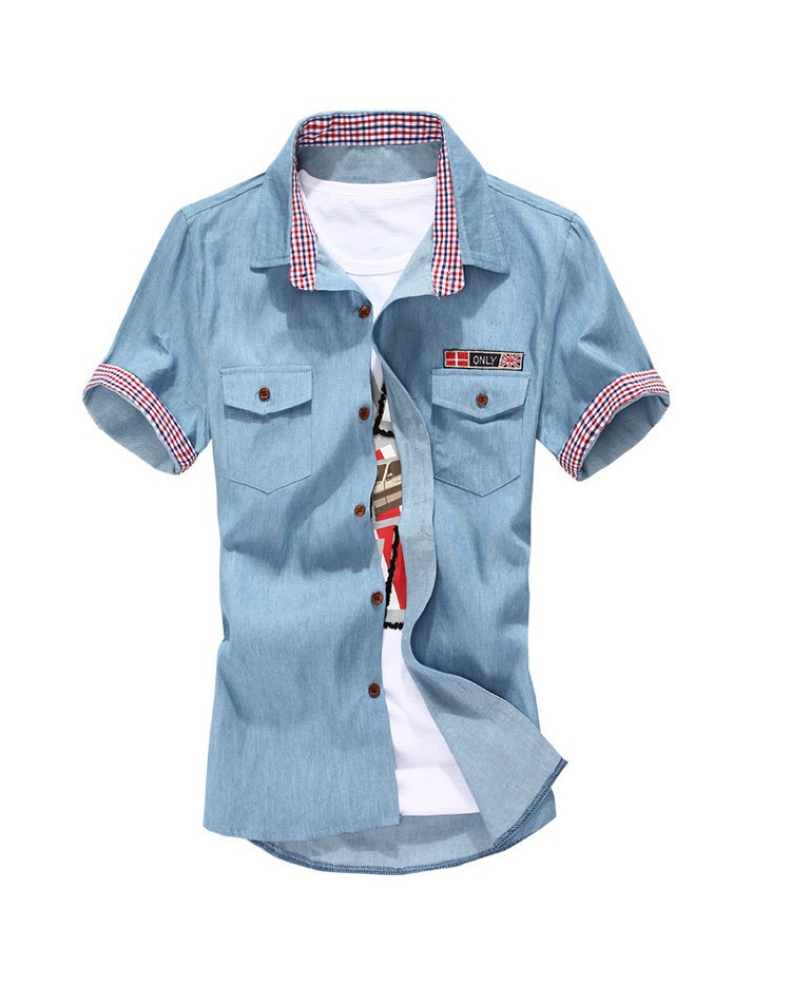 2015 New Mens Shirts Lattice neckline And Cuffs Short Sleeve Shirt Korean Style Summer Camisa Masculina M-XXL 13038